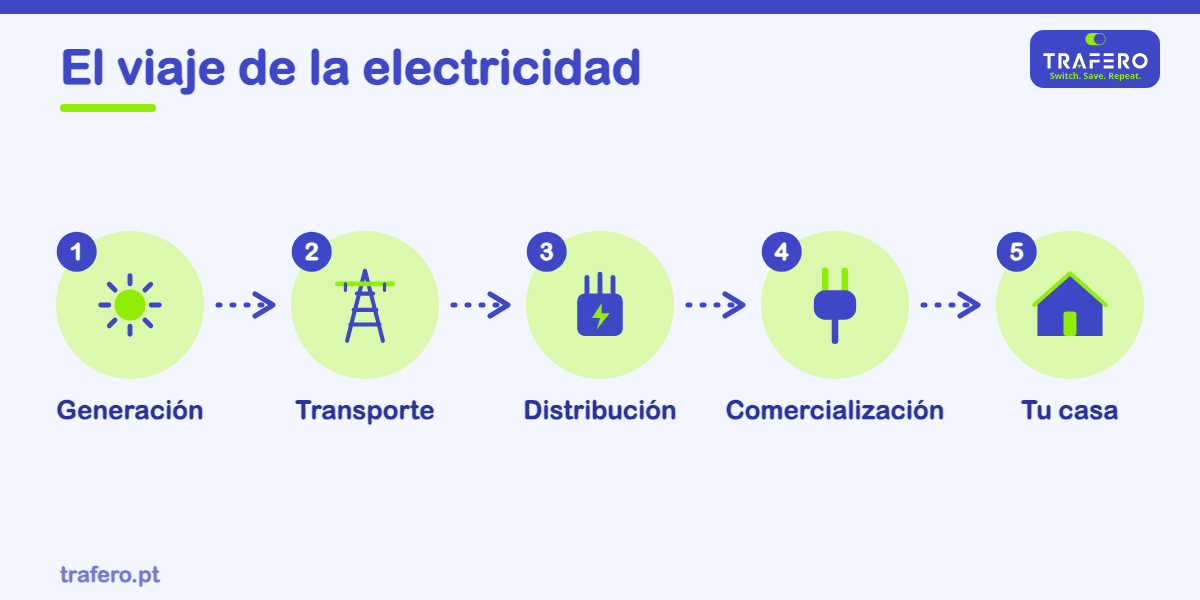 Del sol y el viento al enchufe de casa: los pasos que llevan la electricidad hasta ti, con palabras simples.