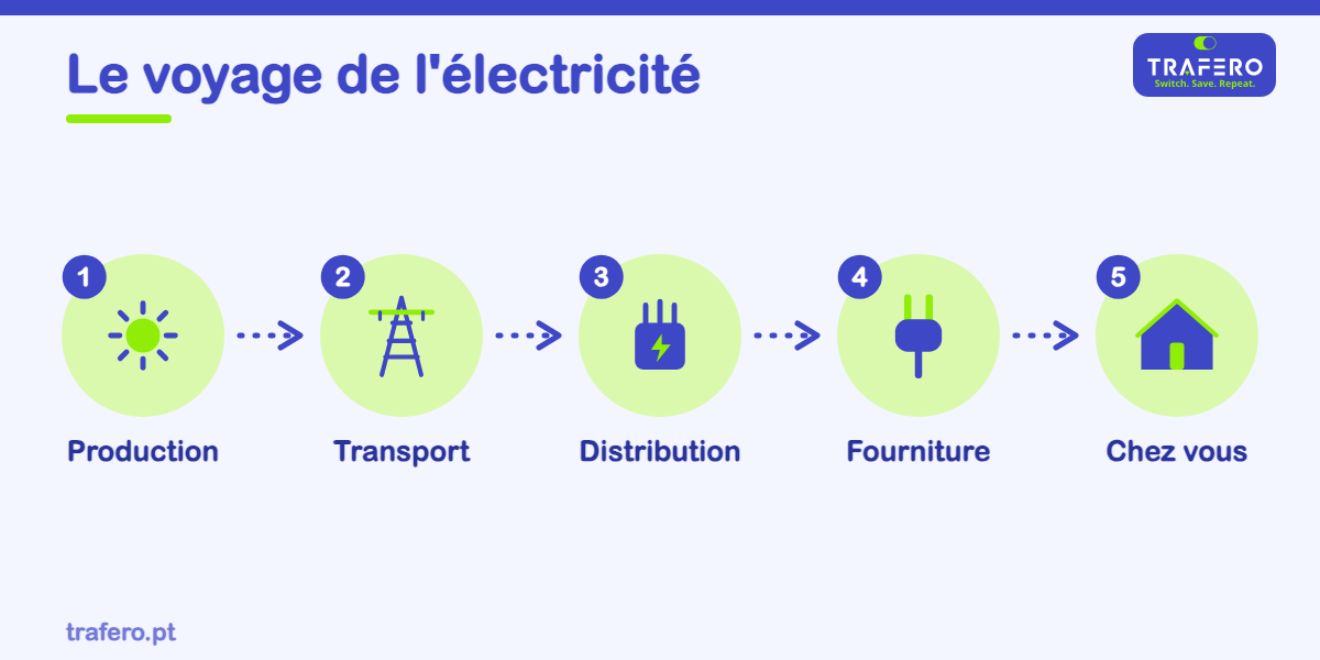 Du soleil et du vent jusqu'à la prise de chez vous : les étapes qui amènent l'électricité jusqu'à vous, en mots simples.